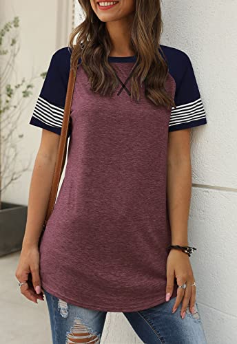 Adibosy Women Summer Casual Shirts: Short Sleeve Striped Tunic Tops - Womens Color Block Tee Tshirt Blouses Wine Red M #TOP1