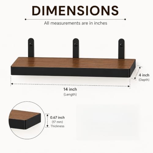 Image of Engineered Wood Floating Wall Shelves Pack of 2, Black 14x4 Inch Wooden Display Rack for Living Room, Bedroom, Kitchen, Office, Wall Mounted Bookshelf & Decorative Shelf