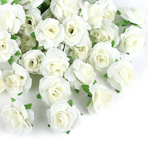 Kesote 50Pcs Small Ivory White Roses Artificial Flowers, 1.6" Silk Buds