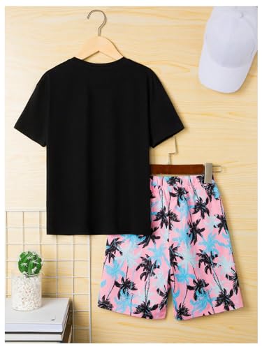 Image of RoseSeek Boy's 2 Piece Outfits Letter and Tropical Graphic Tees and Shorts
