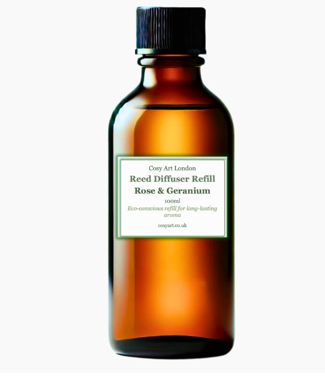 Rose & Geranium Reed Diffuser Refill | 100ml of Pure Essential Oils | Handmade, Cruelty-Free, Long-Lasting Aroma | Luxurious Home Fragrance by Cosy Art
