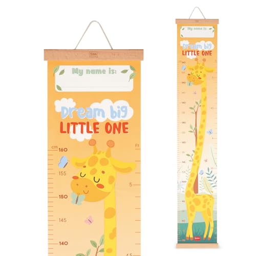 MATERIALE: canvas, legno. Legami - Metro da Parete Dream Big Little One, Metro da appendere per misurare l\'Altezza dei Bambini, fino a 160 cm, 41 Stickers inclusi, con Listelli in Legno, Tema Giraffe