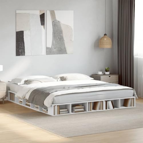 Frdhee Cama tapizada, color blanco, 200 x 200 cm, material de madera, gran espacio de almacenamiento, fácil de montar y estable