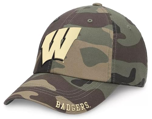 Officially Licensed University Wisconsin Camo Clean Up Hat Classic Edition Badgers Team Logo Relaxed Fit Adjustable Baseball Sports Cap