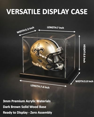 Image of Mini Helmet Display Case with Solid Wood Base - Floating Design Clear Fully Assembled Acrylic Box for 1:2 Scale Football Helmets, Dustproof Memorabilia Showcase (Dark Walnut)