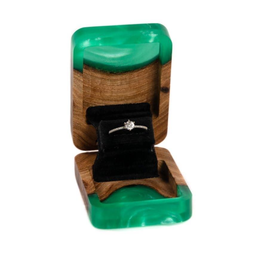 RWA resinwood.art - FLIP - Emerald Green Epoxy & Wood Unique Engagement Ring Boxes for Proposal - Premium & Slim Ring Boxes for Any Occasion