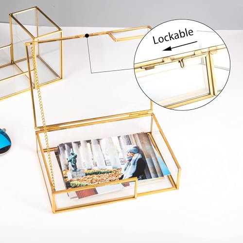 Feyarl Gold Glass Keepsake Photo Picture Box Cards Jewelry Trinket Display Case Shadow Decorative Memory Box for Wedding Home Deco Girl Women(7.3 x 5.3 x 1.8inch) - Thumbnail 3