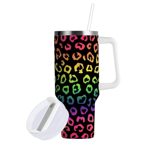 Neon Bright Colorful Leopard Print Tumbler with Handle and Straw Leak Proof Tumbler 2 in 1 Lid Insulated Water Bottle Tumblers Stainless Steel Cup Large Travel Mug Cups, Gifts for Women Man, 40oz by YNNALE - Used condition - US$31.04