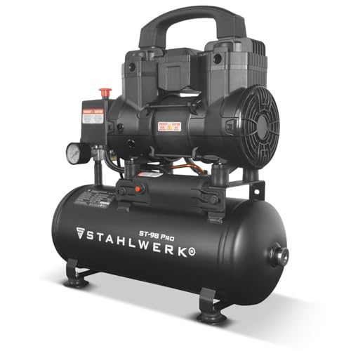 STAHLWERK Compresseur d'air avec réservoir de 9 L (ST-98 Pro) - Sans huile et silencieux, 8 bar, avec moteurs brushless, 1,22 CV, 0,90 kW, 170 l/min,...