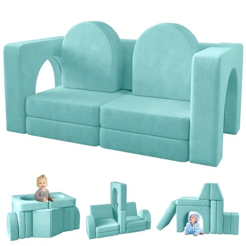 Image of wanan Kids Couch 10PCS, Modular Kids Play Couch for Playroom Bedroom, 10 in 1 Multifunctional Kid Sofa for Playing, Creativing, Sleeping, Indoor Toddler Couches for Boys and Girls (Ice-Snow Blue)