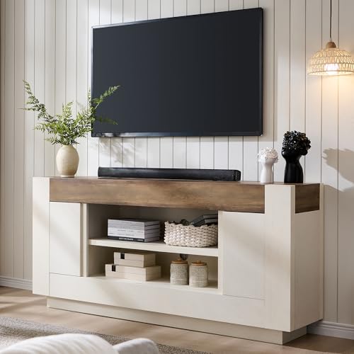 OKD Modern 70″ TV Stand, Entertainment Center for TVs Up to 80″, Media Console with Large Open Storage & Side Cabinets, Thick Wood Design for Living Room, Antique White
