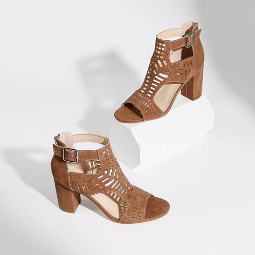 Image of LinnOaks Heeled Sandals For Women 2025 Chunky Open Toe Bohemian Cutout Block Heel Summer Dressy Sandals