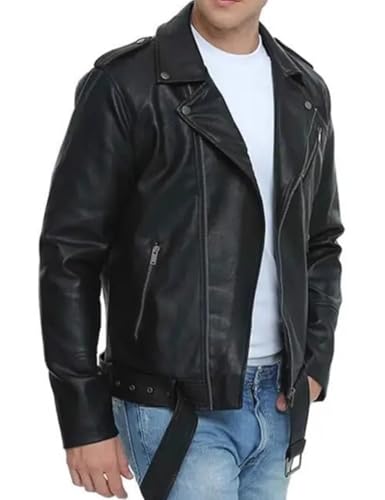 Mens Pu leather Leather Jacket Lapel Collar Motorcycle Zip Up Long Sleeve Motor Biker Short Coat Jacket with Belt3