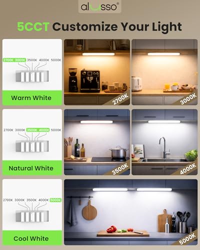 Image of ALUSSO 18 Inch LED Under Cabinet Lighting Hardwired 120V, 5CCT Color Selectable 2700K-5000K Dimmable 10W 800LM High Brightness, CRI 90+ Strip Linkable Under Counter Lights for Kitchen Sink, 2 Pack