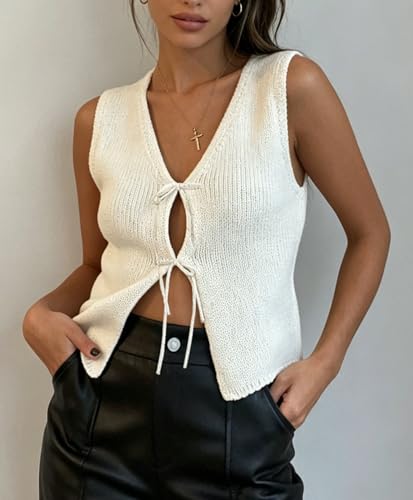 Image of Womens Vintage Knittd Tank Y2k Vest Crop Top Sleeveless V-Neck Open Front Button Crochet Knit Vests Versatile Tops