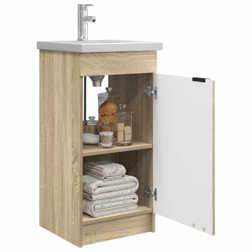 vidaXL Meuble de Salle de Bain avec évier Chêne Sonoma, Ensemble de Meubles de Salle de Bain Moderne, Solutions de Rangement en Bois, Miroir, Robinet Pratique