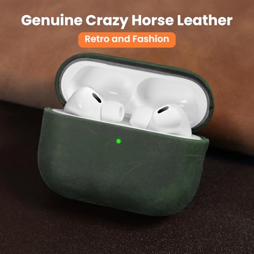 Image of for AirPods Pro 2 Case, Handcrafted Genuine Leather Cover with Lanyard, Vintage Crazy Horse Leather, Unique Patina, MagSafe Ready, Compatible with AirPods Pro 2nd /1st Generation, Pine Green