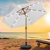 GDY 7.5 ft Fringe Patio Umbrella with Base, Stylish Tassel Umbrella with 18 LED Solar Lights for Outdoor Shade and Illumination, White