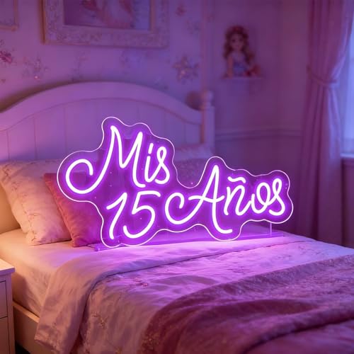 Image of Mis 15 Anos Neon Sign for Wall Decor Custom 15th Birthday Party Led Neon Light, Mis Quince Party Decor,Sweet 15 Quinceanera Party Sign,Gifts - for Her USB Powered Size:19.5inch(Purple)