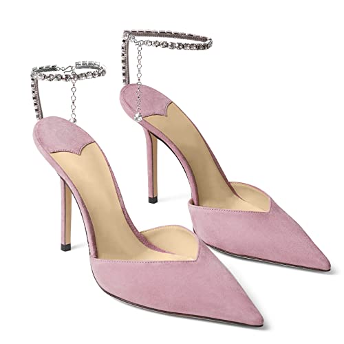 Image of LauraVicci Women's Heeled Sandals Crystal Chain Ankle Straps Rhinestones Buckle High Heels Stiletto Slip On Wedding Party Satin Dress Shoes