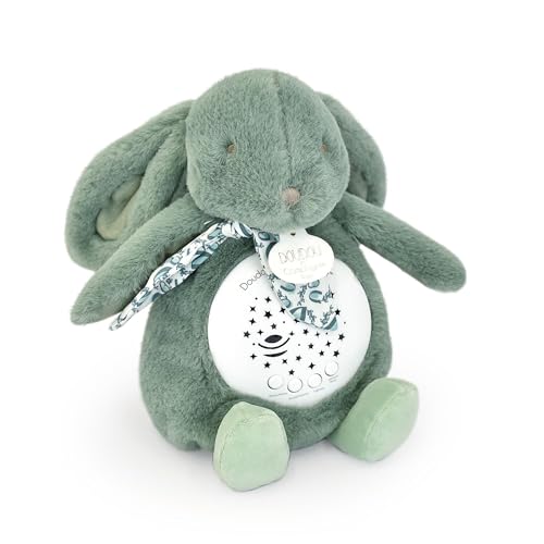 DOUDOU ET COMPAGNIE - Veilleuse Musicale Lapin vert sauge avec Projection d’Étoiles – Doudou Peluche avec Mélodies et Lumières Apaisantes – Compagnon Nuit...