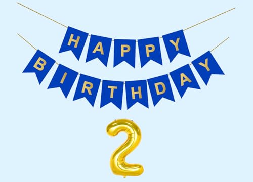 Image of Mystic Toy Store 2nd Happy Birthday Decoration Kit Dark Blue for 2 year Old Boys Girls Baby with Number Two Party Decorations Decor Celebration Items Item Set Combo Reusable Paper Banner