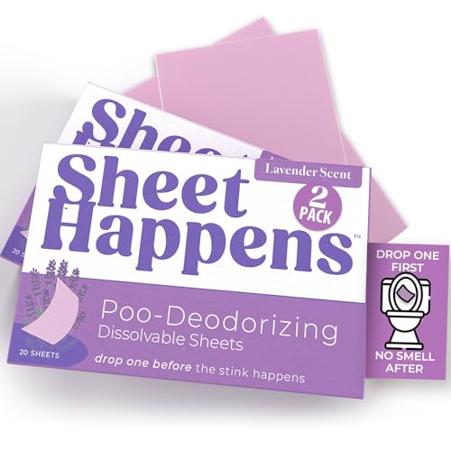 Sheet Happens Pre-Poo Toilet Sheets Lavender Field Scent 2 Pack 40 Dissolvable Odor-Stopping Sheets Toilet Spray Alternative That Removes Poop Odor Quietly Septic Safe Travel Essentials