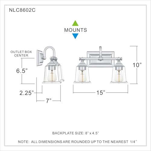 Image of Quoizel Nicholas 15 inch Vanity Light, Polished Chrome, Clear Glass | 2-Light, Dimmable, Reversible Mounting, ETL Damp Rated