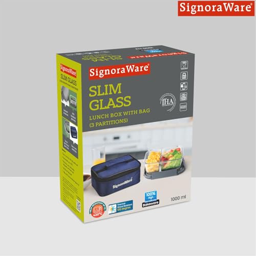 Image of SignoraWare Slim Borosilicate Glass Lunch Box With Bag | Airtight & Leakproof | Microwave Safe | Crack Resistant | Ideal for Office, Picnic & Outdoors | Great for Storing Leftovers (1 Ltr | Clear)