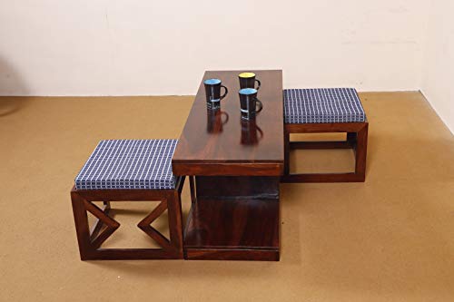 Image of Jangid Handicraft Solid Sheesham Wood Coffee Table with 2 Stool | Rectangle Sofa Centre Table with Stool | Tea Center Table with 2 Stools for Living Room | Patio Teapoy Table with Two Puffy | Mahogany