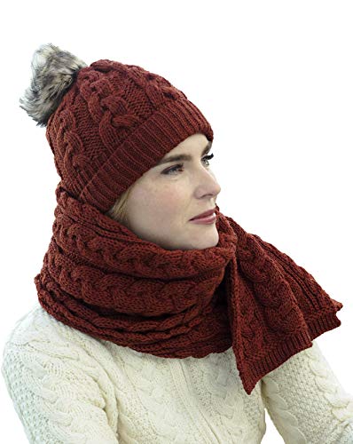 Aran Crafts Women's Irish Cable Knitted Wool Soft Pom Faux Fur Hat (X4844-SIEN)