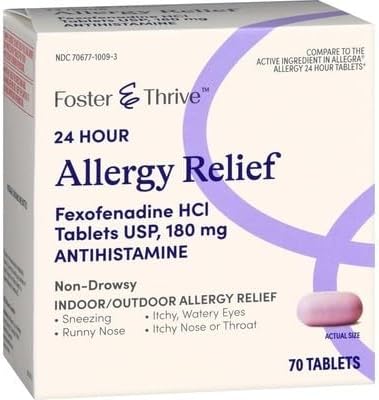 Foster & Thrive 24 Hour Allergy Relief, Non-Drowsy, All Day Rellief of Indoor & Outdoor Allergies, 140 Tablets Fexofenadine Hydrochloride, 180 mg Pack of 2