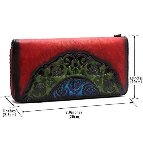 IVTG Genuine Leather Wallets for Women Long Purse Vintage Embossing Cowhide Handmade Small Clutch (Red)4