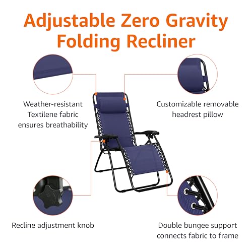 Amazon Basics Outdoor Patio Zero Gravity Lounge Chair with Pillow, Folding Reclining and Textilene Adjustable, Folding Lounge Lawn Chairs for Outside, 26", Blue