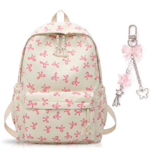 Image of CYGMRFH Pink Bow School Backpack for Girls, Kawaii Preppy Aesthetic Rucksack with Adjustable Straps & Cute Keychain, 15L Durable Bookbag for Teens, Primary & Secondary School Students