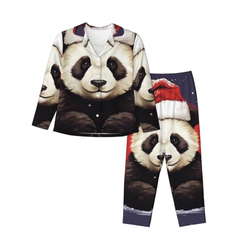 Pyjama panda de Noël femme grand tailleur boutonné manches longues et poche