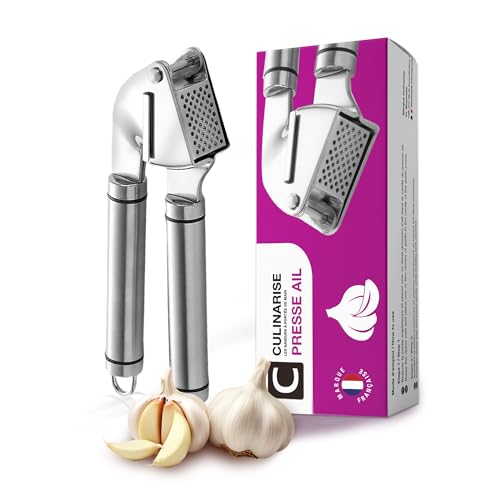 Presse ail manuel inox : l'appareil professionnel parfait pour votre cuisine ! Ce broyeur hachoir garlic press écrase facilement l'ail, idéal pour éplucher...
