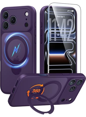 Image of FNTCASE for iPhone 17 Pro Case: [360 Spin Magnetic Stand] [Compatible with Magsafe] [Screen Protector] Translucent Matte Military Grade Shockproof Full Camera Protective Phone Cover - Purple