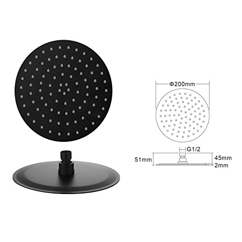 Shile Bathroom 8-Inch Round Shower Head Fixed Mount Rainfall Style Solid Stainless Steel Oil Rubber Black Color #TOP3
