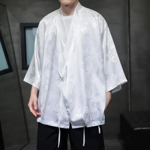 HZCX FASHION Cardigan Kimono for Men Black Silk Satin Robe Mens Lightweight Traditional Hanfu Silky Chinese Dragon Shirt3