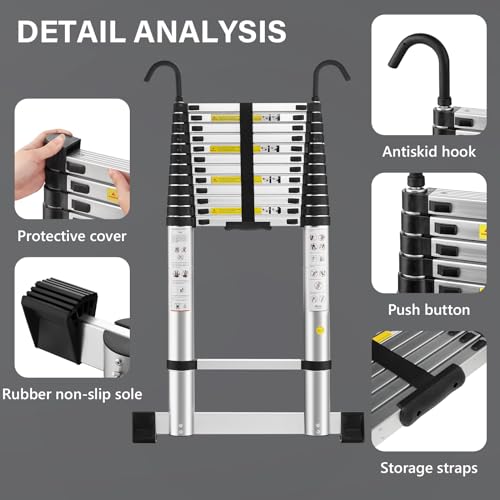 STANEW Telescopic Ladder 5 M,Aluminium Ladders Extendable with Exclusive Custom Stabilizer, Stabilizer Bar, Detachable Hooks, Multi-Purpose Telescoping Ladder with Triangular Thickened Non-Slip Feet 7 STANEW Telescopic Ladder 5 M,Aluminium Ladders Extendable with Exclusive Custom Stabilizer, Stabilizer Bar, Detachable Hooks, Multi-Purpose Telescoping Ladder with Triangular Thickened Non-Slip Feet - Image 7