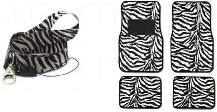 A Set of 5 Piece Animal Print Front and Back Floor Mats and Lanyard Key Chain - Zebra White - Zebra White