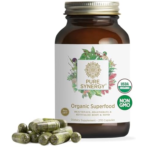 PURE SYNERGY Superfood Capsules | Organic Superfood & Greens Supplement | Whole Food Capsules with Super Greens, Spirulina, & Mushrooms | for Energy, Healthy Aging & Immune Health (270 Capsules) Cover