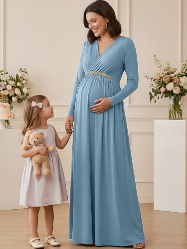 Image of KOH KOH Womens Maternity Long Sleeve V-Neck Flowy Winter Maxi Dress Gown