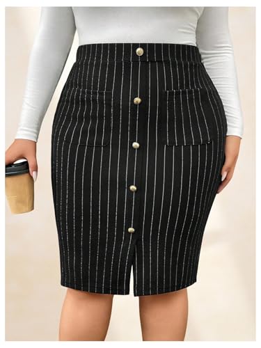 WDIRARA Women's Plus Size Plaid Skirt High Waisted Button Front Split Hem Knee Length Pencil Skirts3
