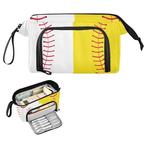 Image of Baseball Softball Big Capacity Pencil Pen Case Large Pencil Pouch | Portable Multi Compartment Zipper Pencil Bags Stationery Storage for Men Women College Office