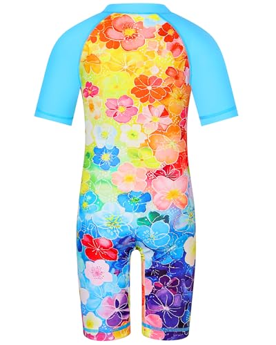 Image of TFJH E Short Sleeve Girls Swimsuits UV 50+ One Pieces Zipper 2-14Y | From beach vacations and pool parties to cruises and water parks, this colorful floral swimsuit is her summer favorite