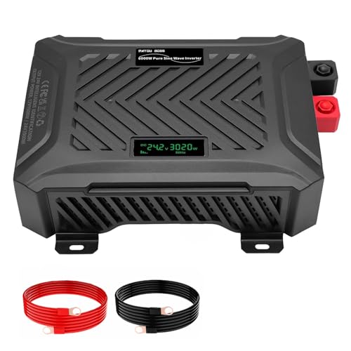 DATOUBOSS Inversor 12V/24V a 220V 3000W Onda Pura 6000W Pico, Convertidor de Detección Inteligente Automática, Pantalla LCD y 2 Enchufes Europeos, para Autocaravana y Sistema Solar