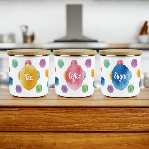 Purely Home Polka Dots Tea, Coffee & Sugar Storage Canisters - Multicoloured Spotty Housewarming Kitchenware Set - Metal/Enamel Tea Storage Container Gift Set of 3 - Image 2