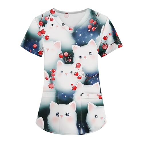 Womens Scrub Tops Comfy Short Sleeve V-Neck Nurses Uniforms Fashion Vintage Cats Print Working Medical Scrub Shirts Cute Animals Elements Graphic Scrub Tops with Pockets Anti-Wrinkle Overalls